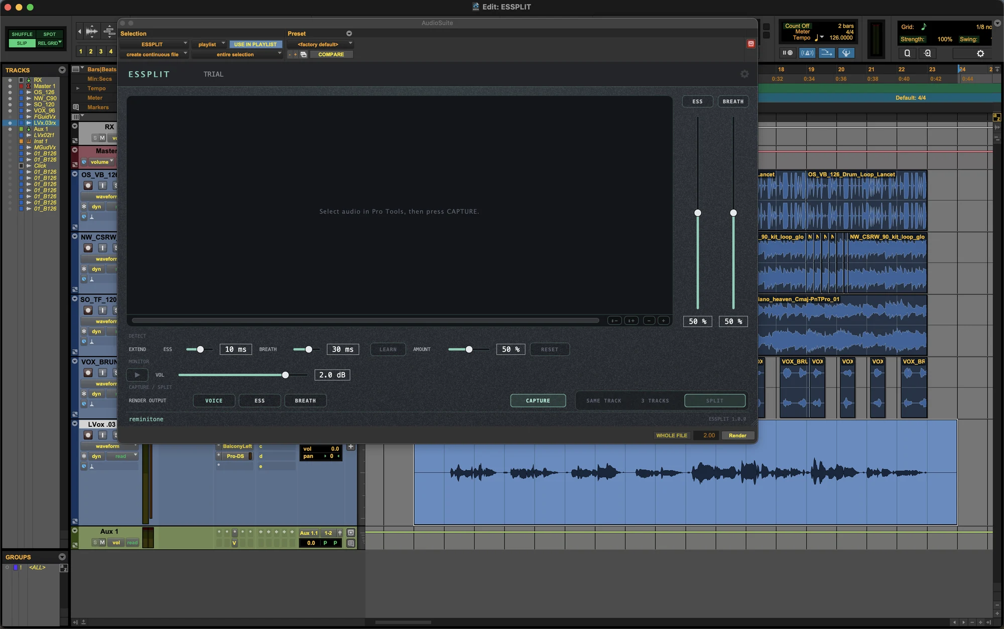 Select a vocal range in Pro Tools and open ESSPLIT from the AudioSuite menu.