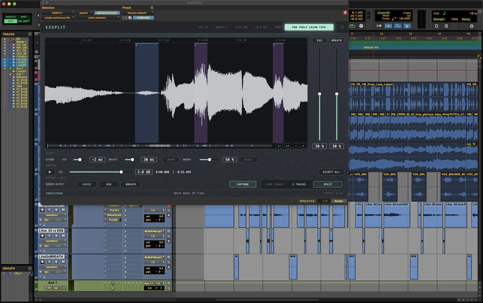 Split to three tracks. Choose 3 TRACKS and press SPLIT. The voice stays on the original track; every ess and every breath becomes its own clip on the "<track> ESS" and "<track> BREATH" tracks below it.