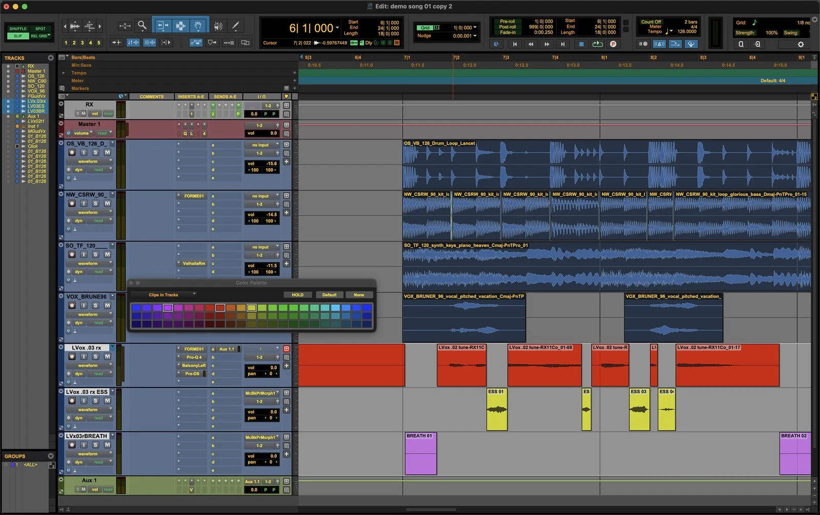 Colour the clips with the Color Palette. Open Window > Color Palette and set it to "Clips in Tracks". Give the clips on the ESS track one colour and the clips on the BREATH track another.