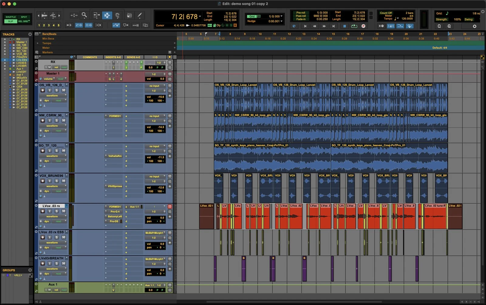Paste. Press Cmd+V and the clips drop exactly into the gaps SPLIT left behind. Repeat for the BREATH track. The order matters, so once more: double-click, copy, Selector tool, P, paste.
