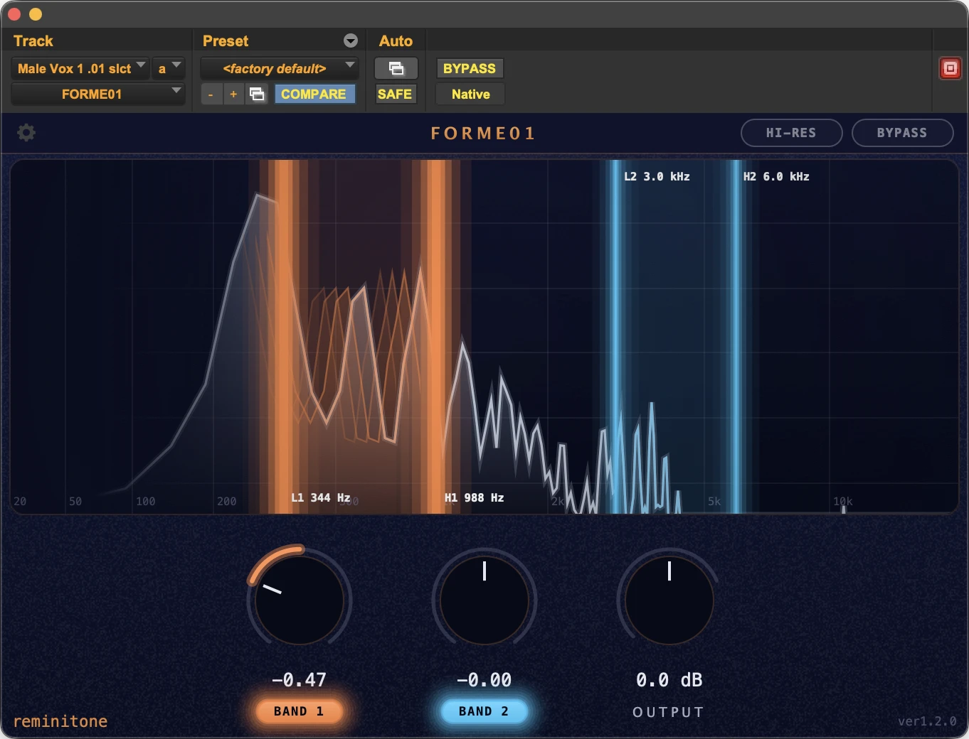 Band 1 is eased down on a male vocal: the voice gains depth in the throat and comes out thicker — more chest, more presence.