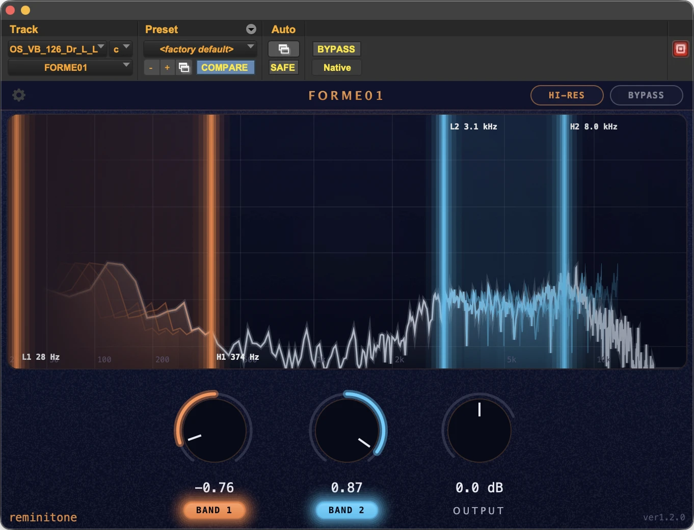 On a drum loop, Band 1 shifts the muddy region downward and stretches the low end, while Band 2 brightens the snare and hats — a natural kind of change you don't quite get from EQ. HI-RES adds some latency, but it's what lets the effect reach all the way down into the low end.
