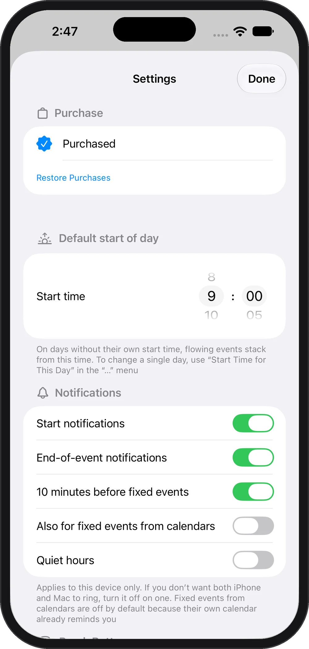 Settings: purchase, start of day, notifications