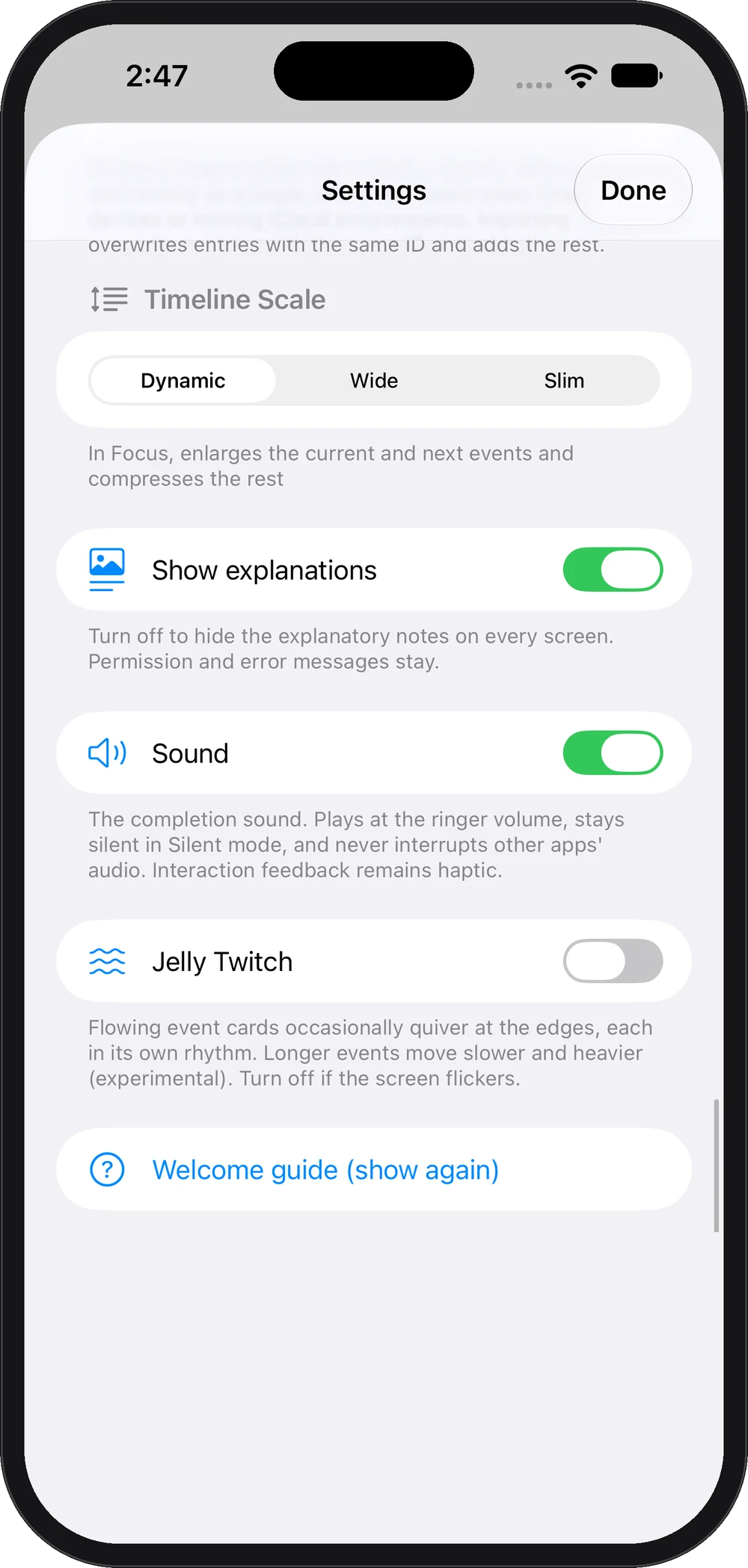 Settings: scale, help text, sound