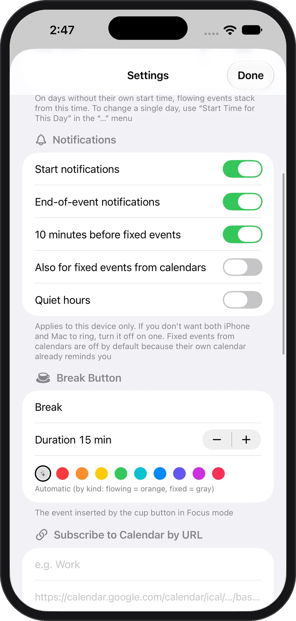 Settings: break, calendar feeds