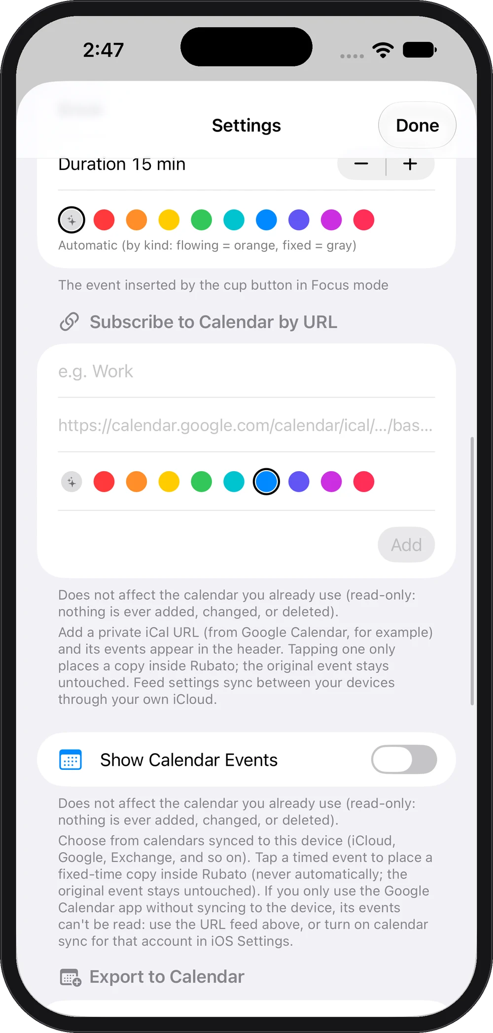 Settings: calendars