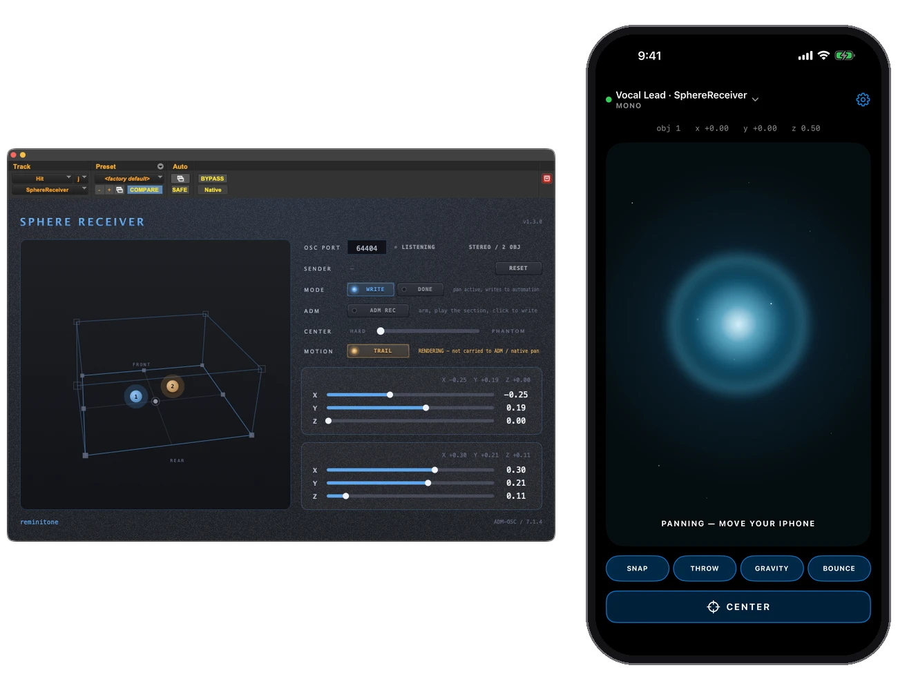 Insert SphereReceiver on any track — [how the plug-in instances work is on the Sphere Flow page](/products/sphere-flow). Then, from the top-left of Pocket, pick the instance you want to connect to. The rest — honestly — you'll work out by touching it.