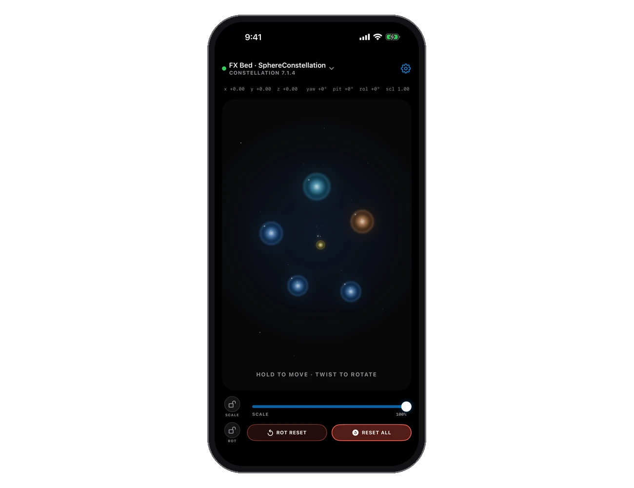 Constellation: a whole bed — 5.1 up to 9.1.6 — as one object. Hold to move, twist to rotate, slide to scale.