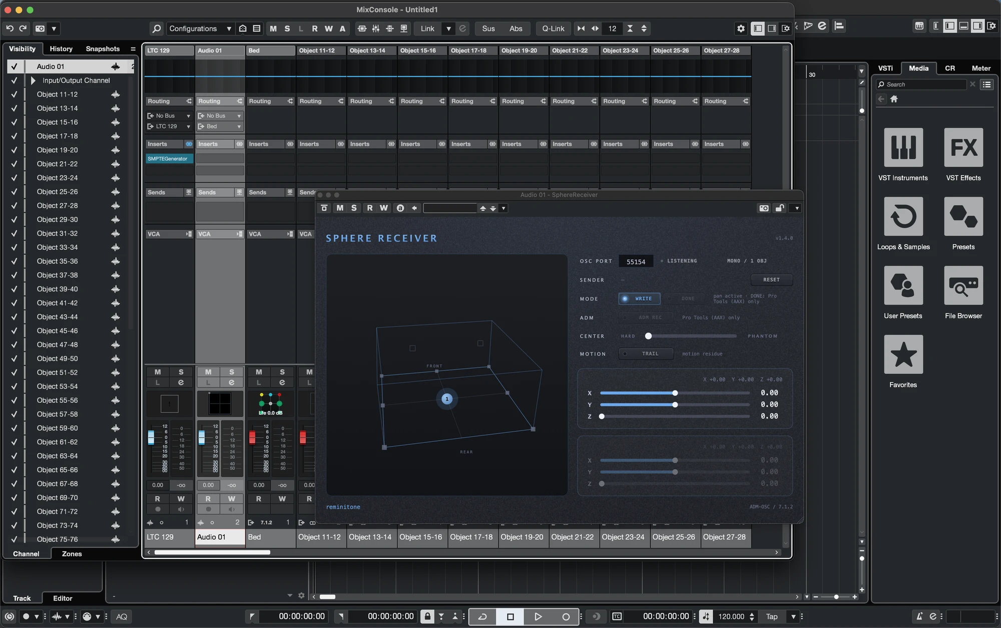Nuendo — choose SphereReceiver (VST3) in the channel's panner selector.