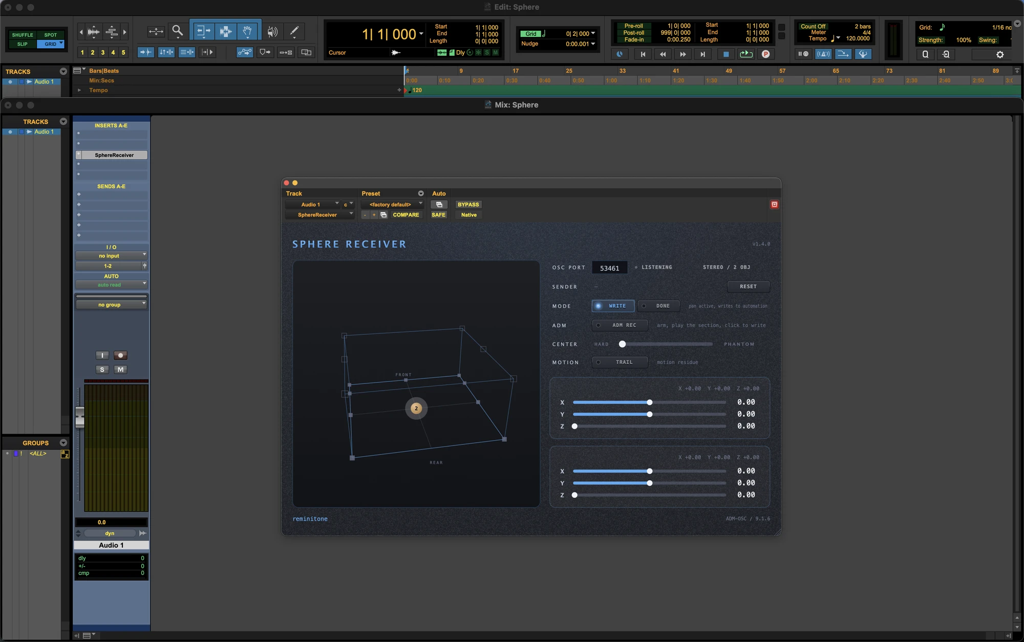 Pro Tools — insert SphereReceiver (AAX) on the track. The full system lives here: WRITE DONE, SphereDownMix and the ADM conversion to the native panner.